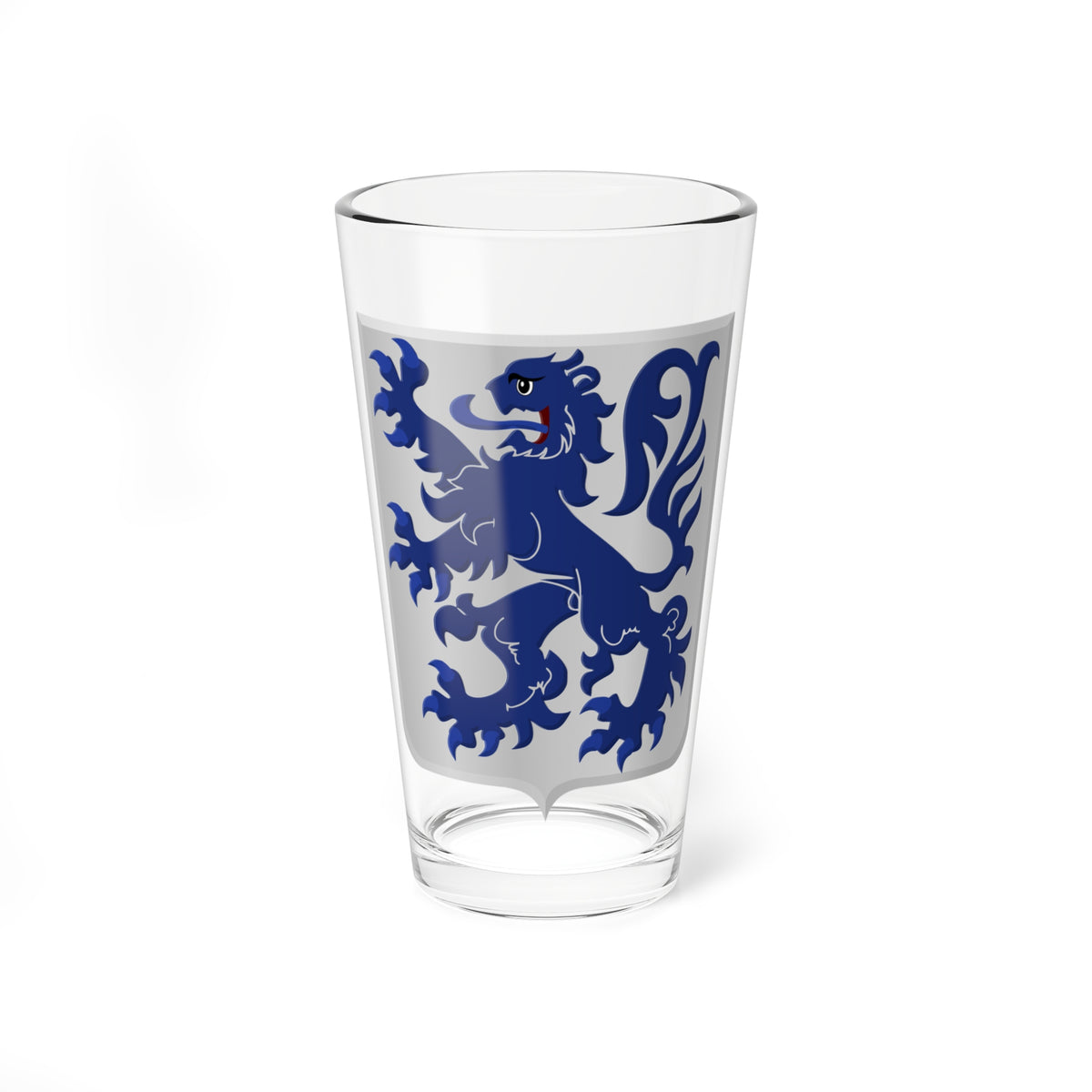 Navy blue lion rampant with a forked tail and extended tongue on a silver heraldic shield.