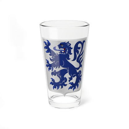 Navy blue lion rampant with a forked tail and extended tongue on a silver heraldic shield.