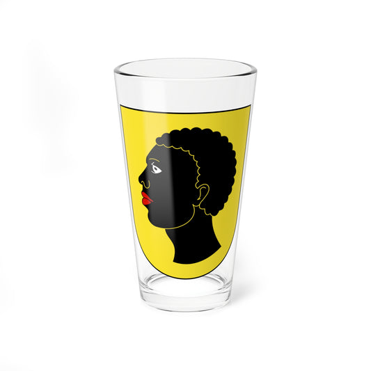 Yellow heraldic shield with a black profile head facing left, with curly hair and red lips.