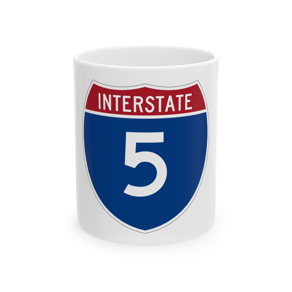 Interstate 5 highway shield, flat vector, in navy, red and white, with INTERSTATE across the top band.