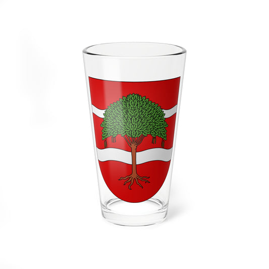 Red heraldic shield with a green tree with brown roots, set between two wavy white horizontal bands.