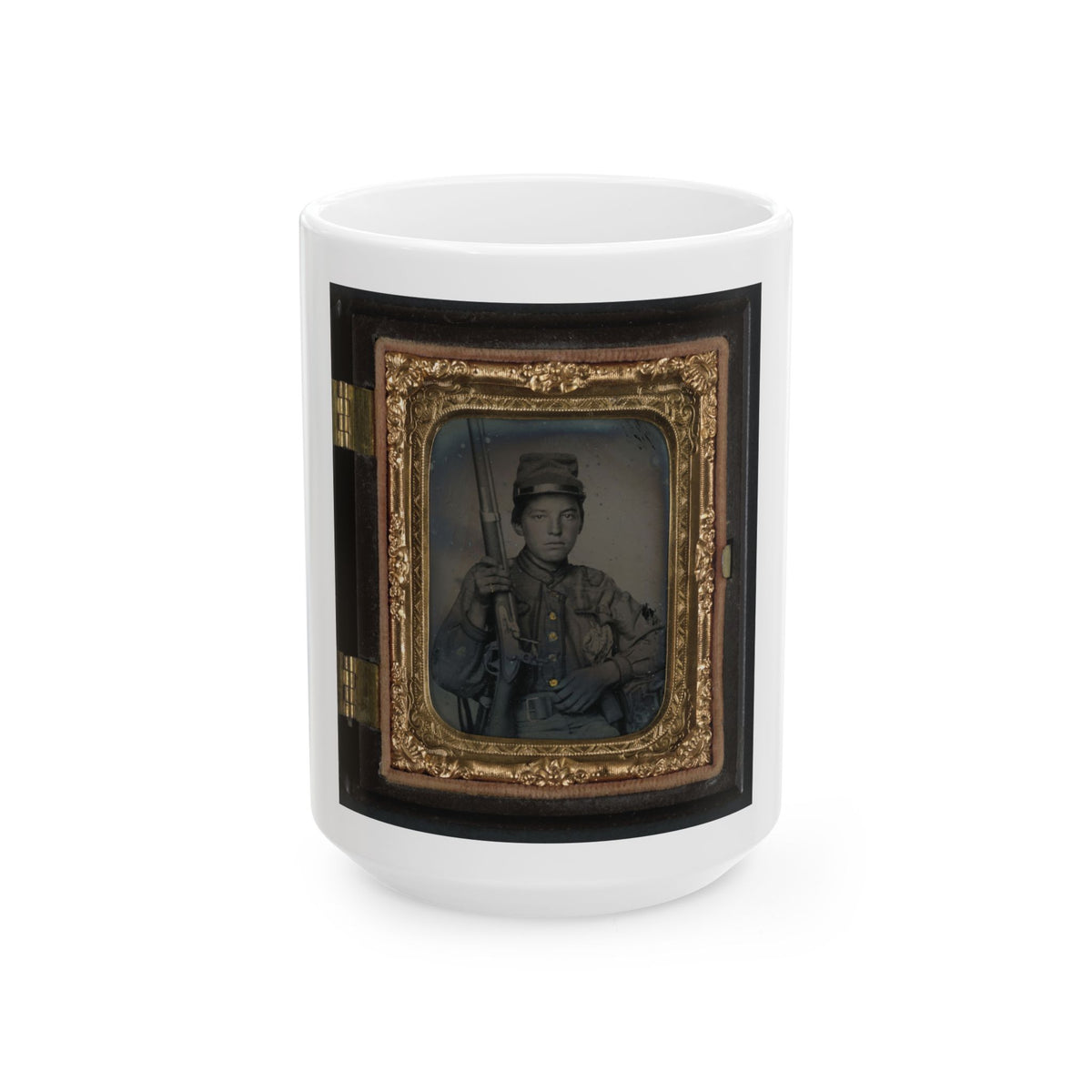 Sergeant William T. Biedler, 16 Years Old, Of Company C, Mosby's Virginia Cavalry Regiment With Flintlock Musket (U.S. Civil War) White Coffee Mug