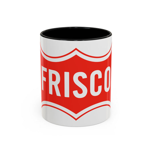 Red and white wavy-edged badge bearing the word FRISCO in bold white capitals, in a vintage railroad style.