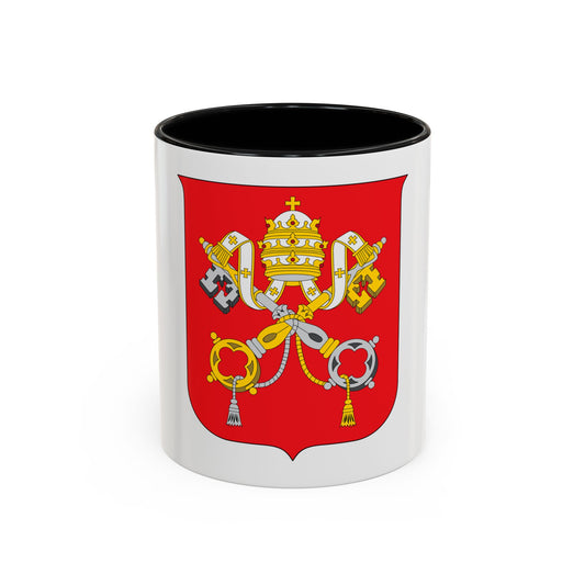 Red heraldic shield bearing a gold papal tiara above crossed gold and silver keys, flat vector style.