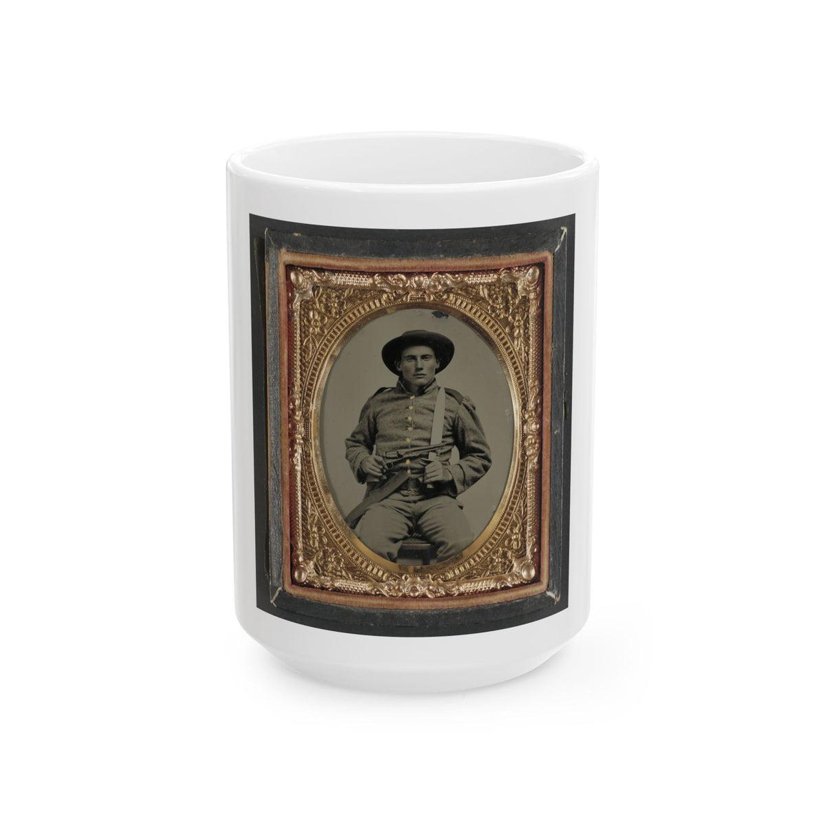Unidentified Soldier In Confederate Frock Coat And Slouch Hat With Bowie Knife And Colt Army Model 1860 Revolver (U.S. Civil War) White Coffee Mug