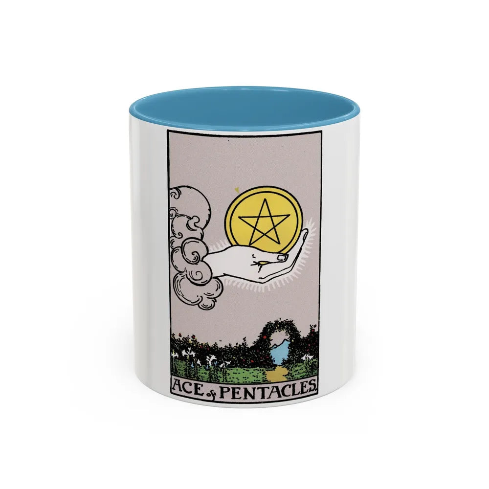 The Ace of p of Pentacles (Tarot Card) Accent Coffee Mug-11oz-Light Blue-Go Mug Yourself