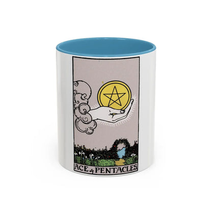 The Ace of p of Pentacles (Tarot Card) Accent Coffee Mug-11oz-Light Blue-Go Mug Yourself