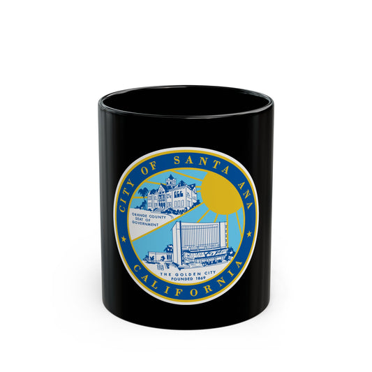 Round blue and gold City of Santa Ana seal with a Victorian building above a modern government building.