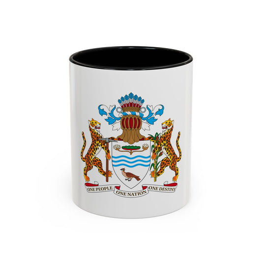 Heraldic coat of arms with two spotted jaguars, a shield of blue waves, a pheasant and a sheaf of rice.