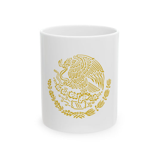 Gold line-art national emblem of an eagle with spread wings, a serpent, and cactus and branches in a circle.