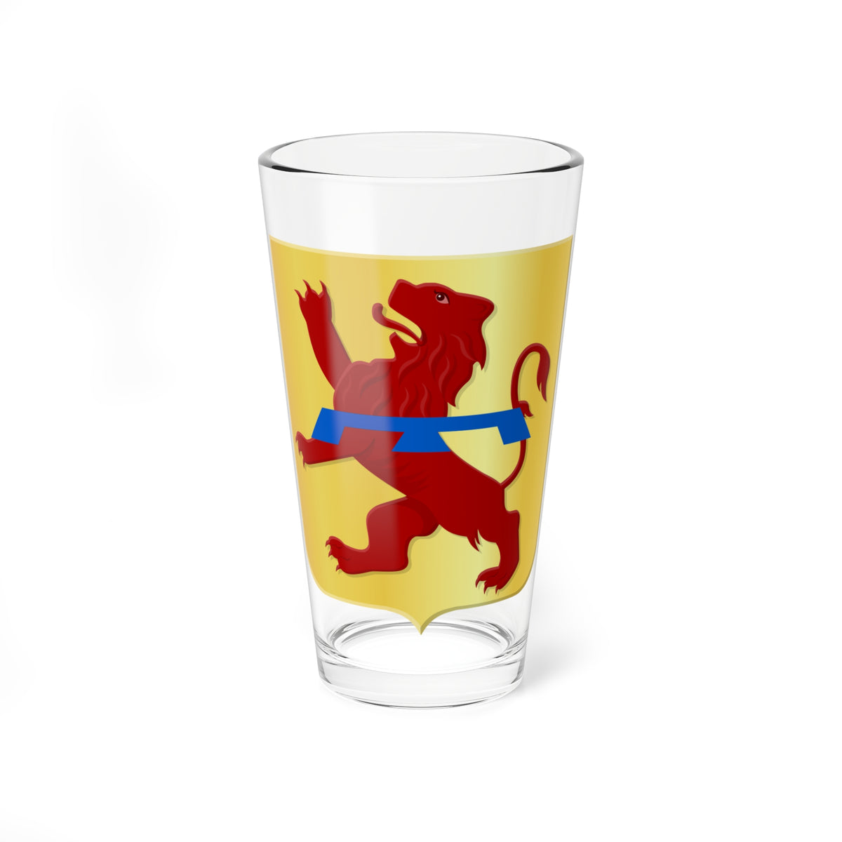 Red rampant lion crossed by a blue bar on a gold heraldic shield, in a flat vector style with soft shading.