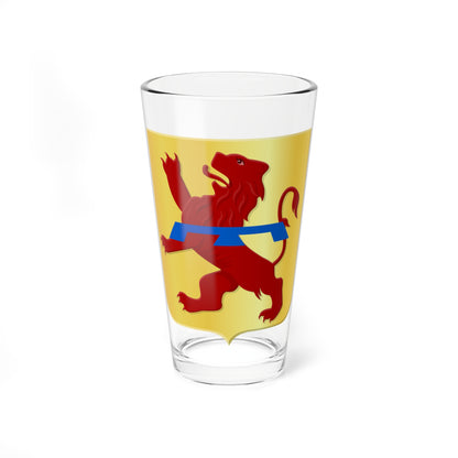 Red rampant lion crossed by a blue bar on a gold heraldic shield, in a flat vector style with soft shading.