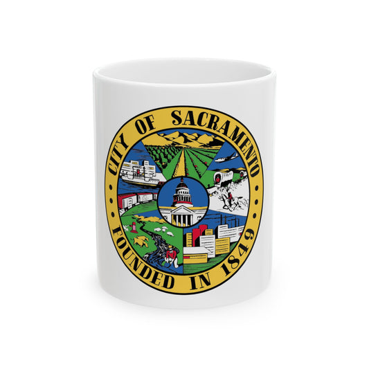 Circular City of Sacramento seal with a golden ring and scenes of a steamboat, fields, a capitol dome and wagon.