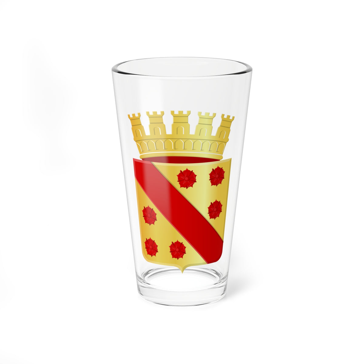 Gold heraldic shield with a red diagonal band and six red roses, topped by a gold five-tower mural crown.