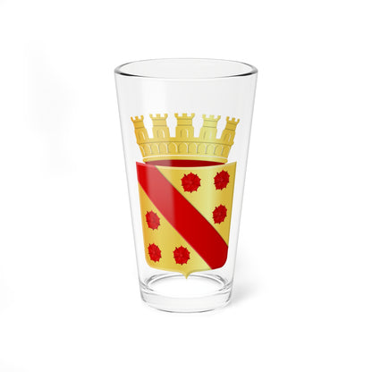 Gold heraldic shield with a red diagonal band and six red roses, topped by a gold five-tower mural crown.