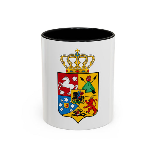 Heraldic coat of arms beneath a jeweled crown, with a white horse, red lion, St George slaying a dragon, and stars.