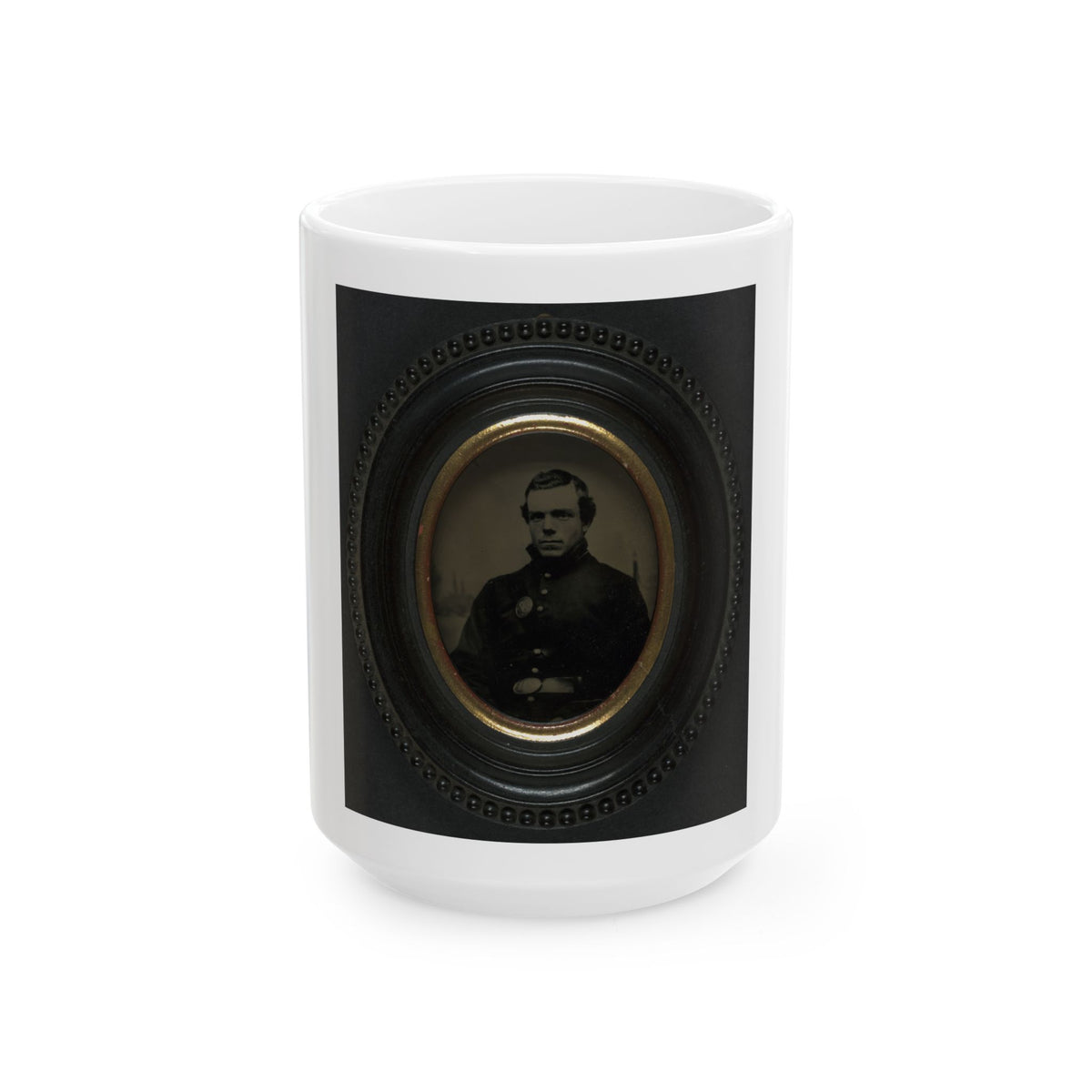 Private Roscoe G. Davenport Of Company H, 21st Maine Infantry In Front Of Painted Backdrop Showing Rugged Coast (U.S. Civil War) White Coffee Mug