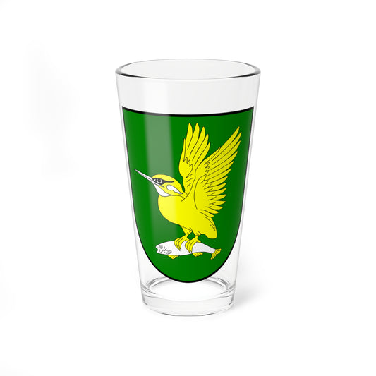 Yellow kingfisher with spread wings perched on a white fish, on a green heraldic shield.