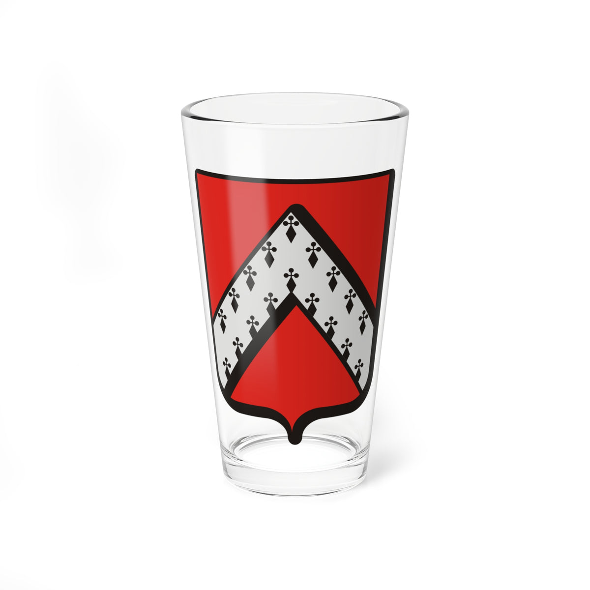 Red heraldic shield with a silver chevron covered in rows of small black crosslet and diamond shapes.