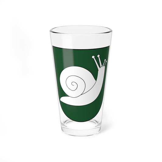 White snail with a spiral shell and four stalked eyes on a solid dark green heraldic shield.