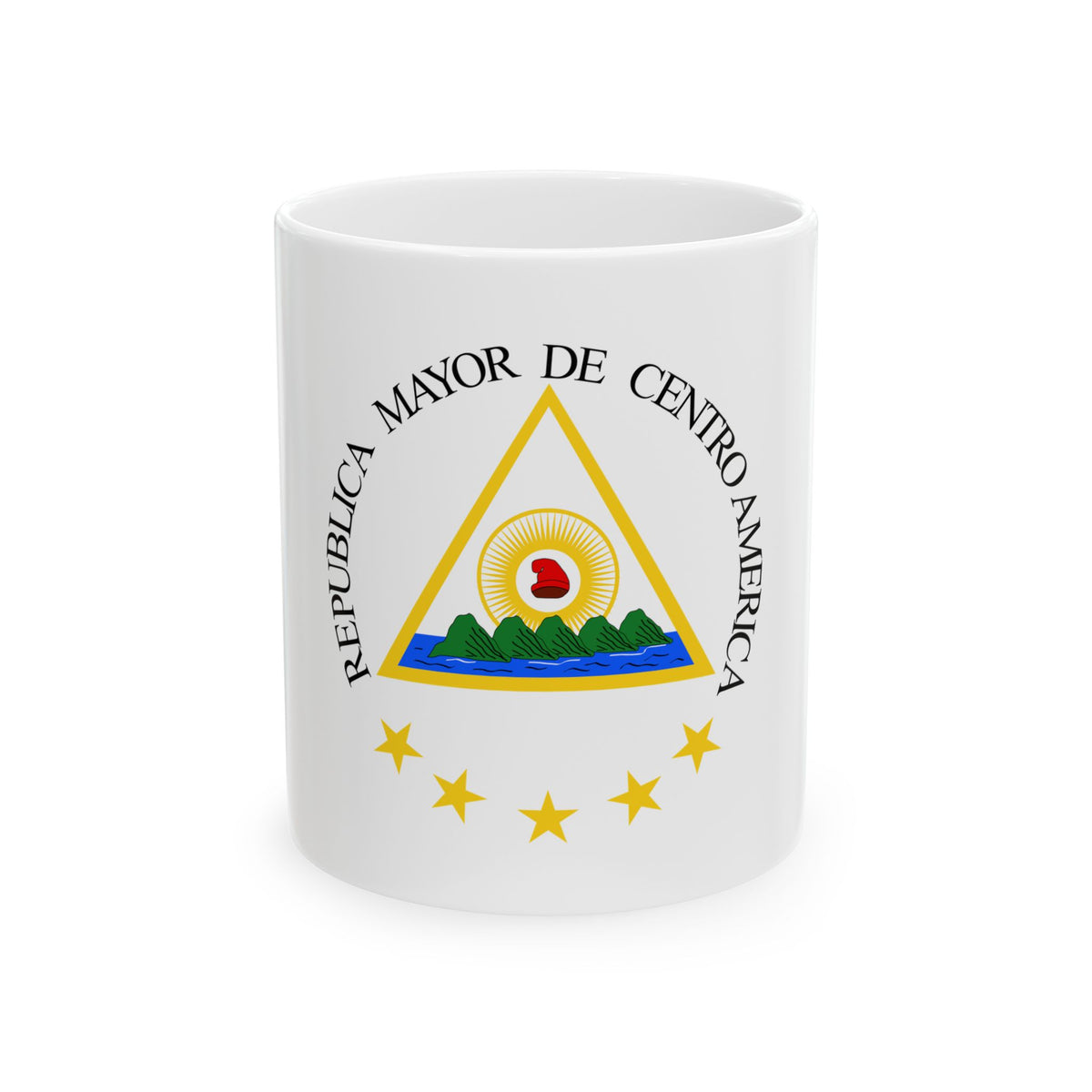 Heraldic emblem with a yellow triangle, rising sun, green volcanoes, red liberty cap and five stars on white.