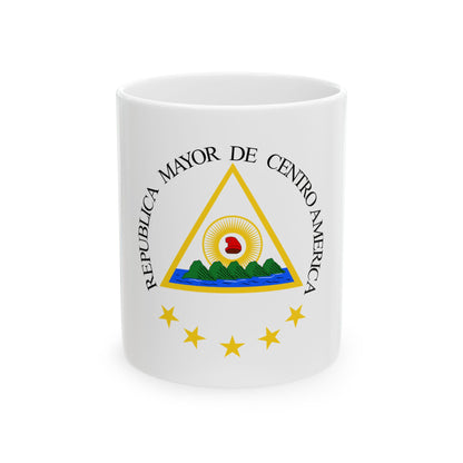 Heraldic emblem with a yellow triangle, rising sun, green volcanoes, red liberty cap and five stars on white.
