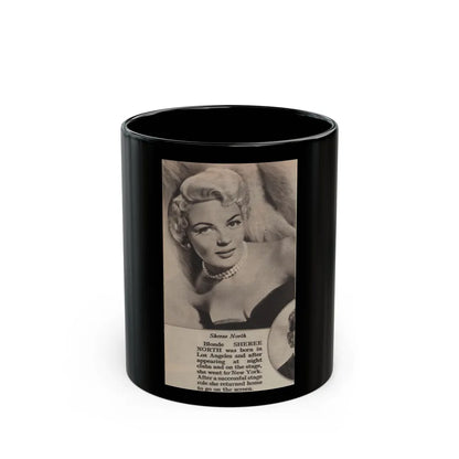 Sheree North #342 - 2.5x4.25 Small B&W Glamour Portriat Clipping with, Caption from 1950's Movie Star Magazine (Vintage Female Icon) Black Coffee Mug-11oz-Go Mug Yourself