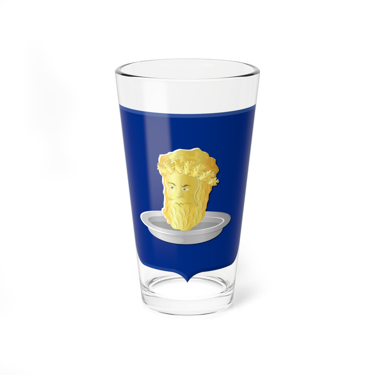 Gold bearded head wearing an oak-leaf crown, resting on a silver platter on a blue heraldic shield.
