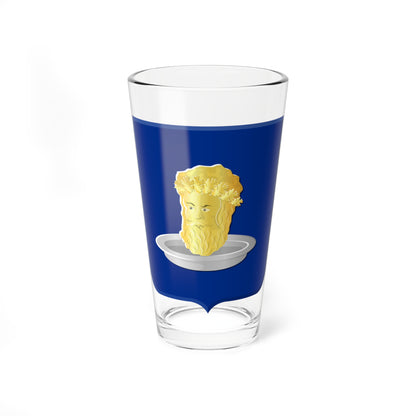 Gold bearded head wearing an oak-leaf crown, resting on a silver platter on a blue heraldic shield.