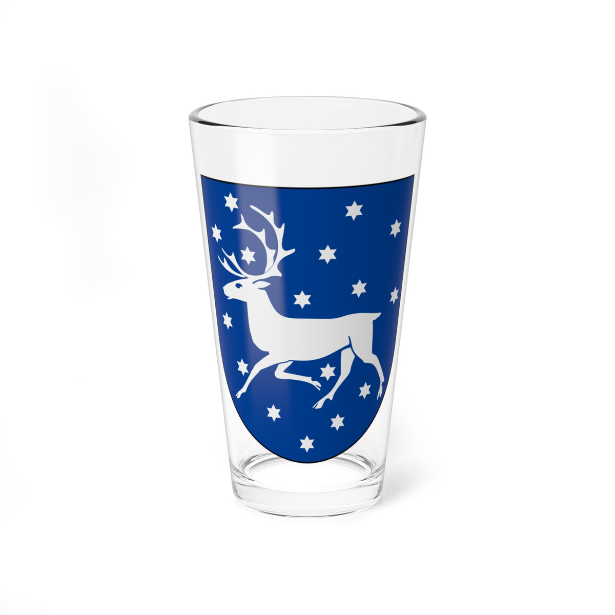 White leaping stag with antlers among six-pointed white stars on a royal blue heraldic shield.