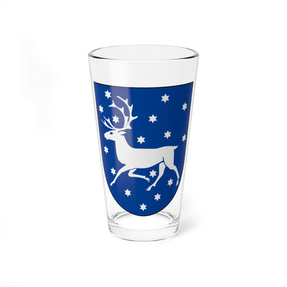 White leaping stag with antlers among six-pointed white stars on a royal blue heraldic shield.