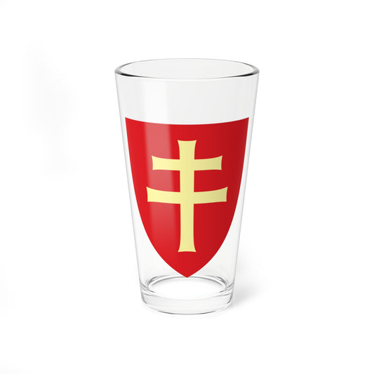 Pale yellow triple-barred cross centred on a red heraldic shield with a pointed base, on a white background.