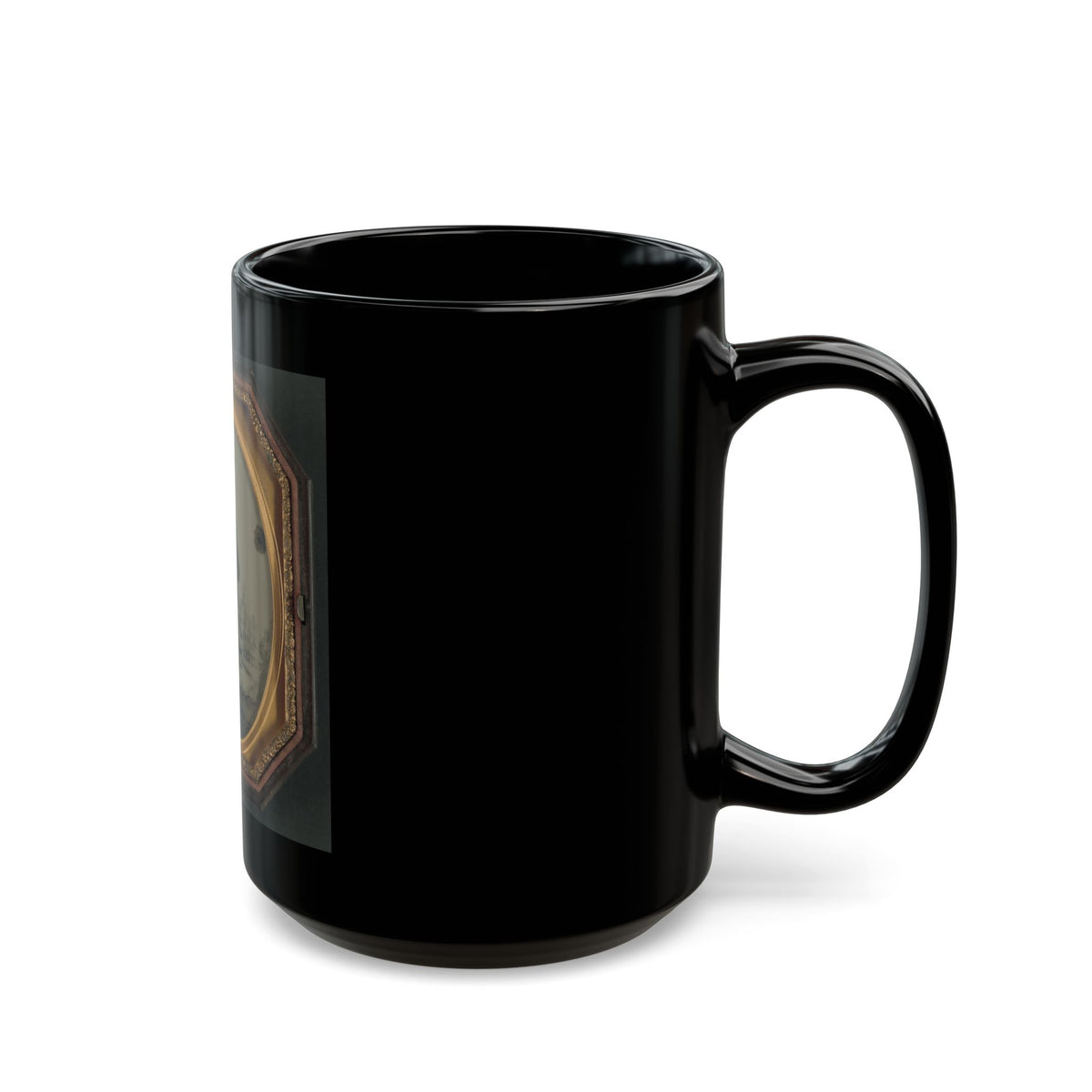 Unidentified Soldier In Union Uniform And Hardee Hat With Rifle In Front Of Painted Backdrop Showing Military Camp (U.S. Civil War) Black Coffee Mug