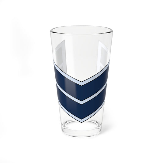 Two stacked navy chevrons with pale blue outlines pointing downward on a white background.