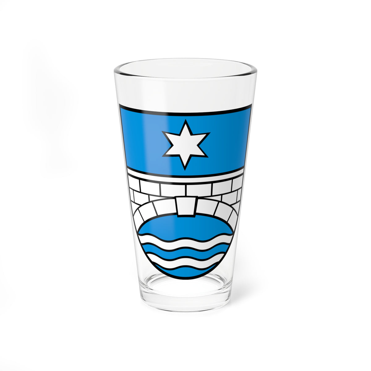 Heraldic coat of arms with a stone arch bridge over blue and white waves beneath a white six-pointed star.