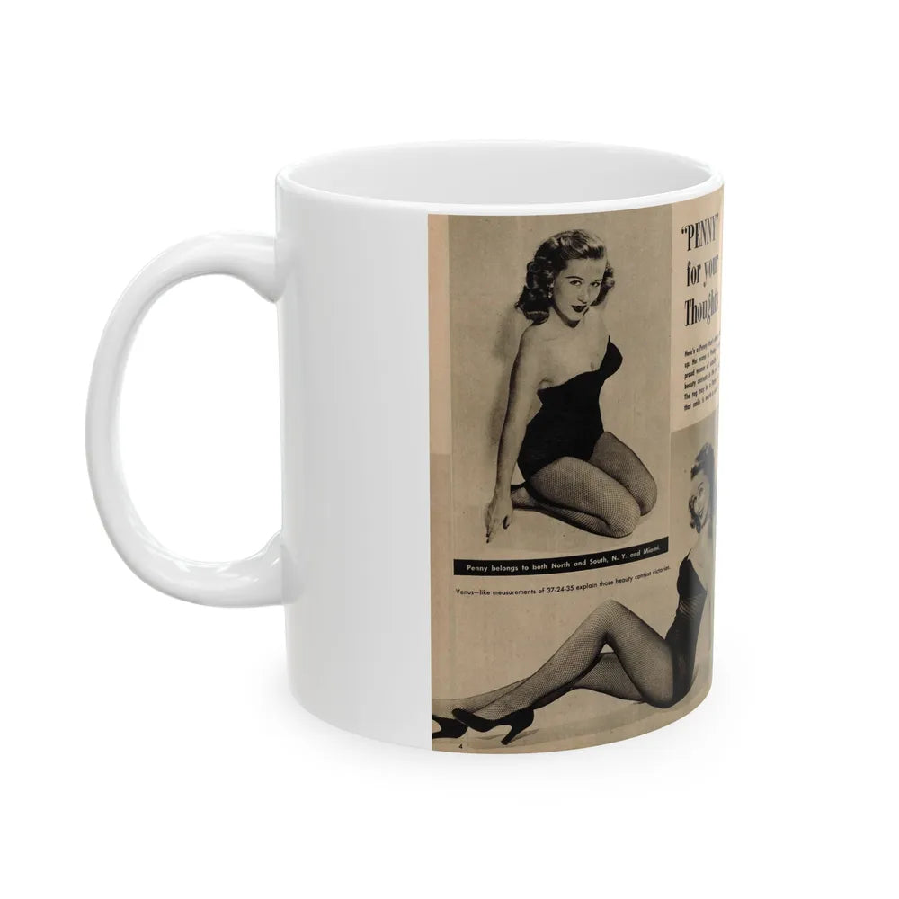 Penny Duncan #45 - [Pages 4 & 5] Pages 1 & 2 of 2 with, Penny+2 B&W Photos, Captions & Short Snippet from GALA Mag. Sept. '52 (Vintage Female Icon) White Coffee Mug-Go Mug Yourself