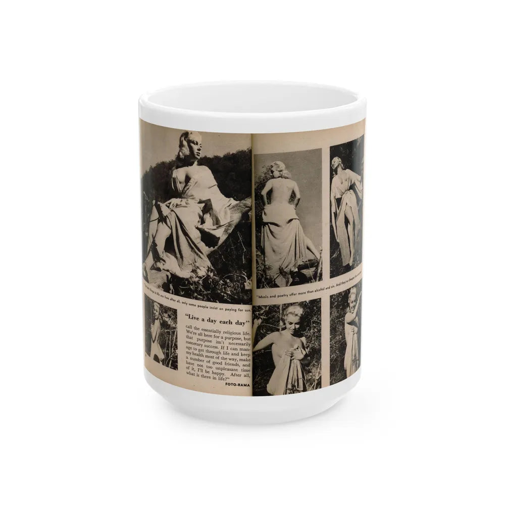 Jeanne Carmen #200 - Pages 24 & 25 Pages 3 & 4 of 8+6 B&W Photos, Captions & Short Article from Foto-rama Digest Mag. Sept. '58 (Vintage Female Icon) White Coffee Mug-15oz-Go Mug Yourself