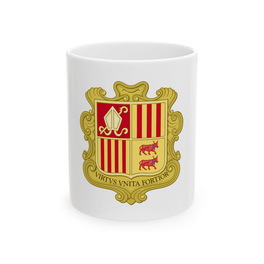 Gold baroque-framed coat of arms with a mitre and crosier, two red bulls and red and yellow stripes.