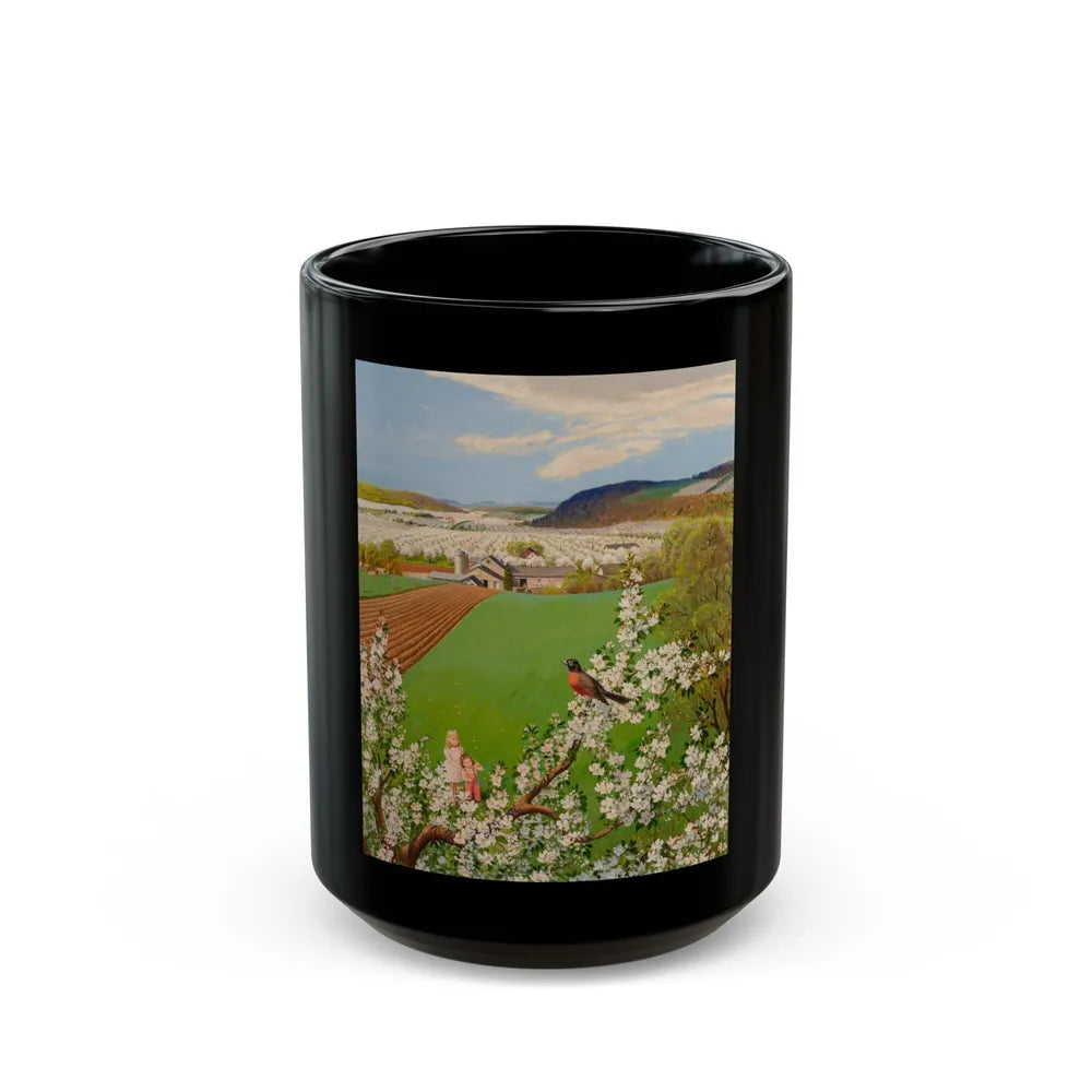 Farm Children Seeing the First Robin of Spring, The Saturday Evening Post cover, May 7, 1955 - Black Coffee Mug-15oz-Go Mug Yourself