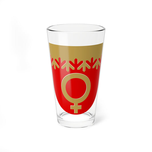 Red shield with a gold Venus symbol beneath a gold band of stylised pine trees across the top.
