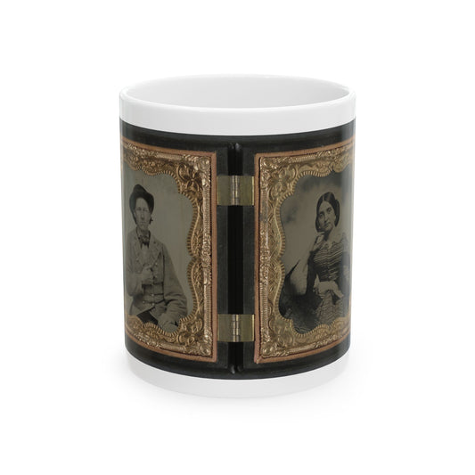 Two tintype portraits in an open gilt case, a man in a hat on the left and a woman in a striped dress on the right.