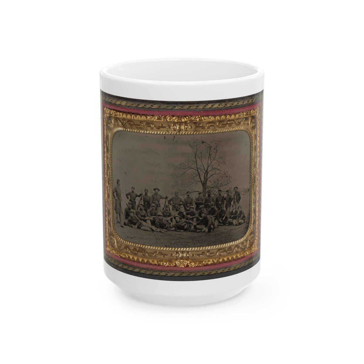 Group Of 26 Unidentified Soldiers In Union Uniforms With Stacked Bayoneted Muskets In Front Of Tree (U.S. Civil War) White Coffee Mug