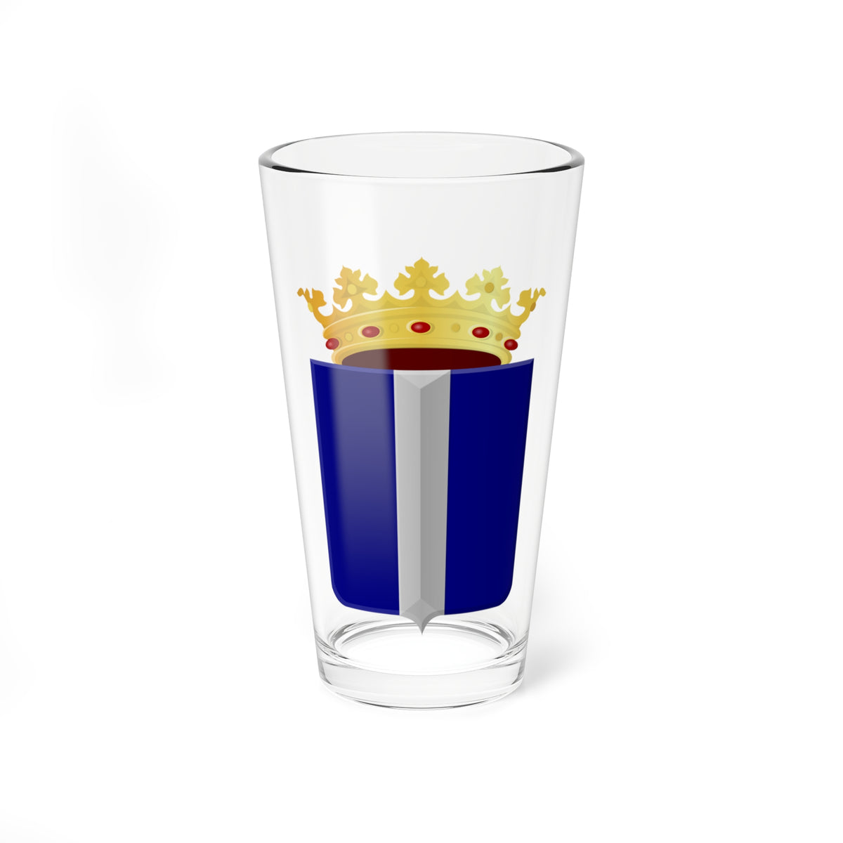 Navy blue heraldic shield with a central silver vertical band, topped by a gold crown set with red gems.