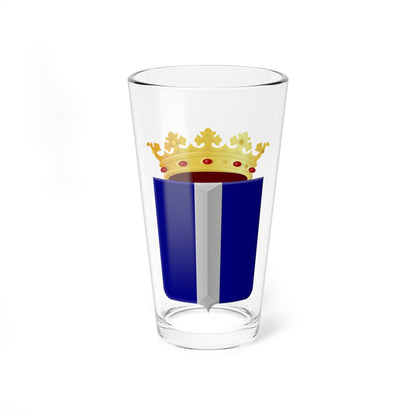 Navy blue heraldic shield with a central silver vertical band, topped by a gold crown set with red gems.