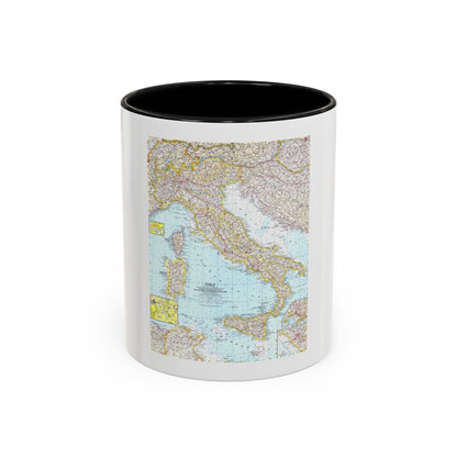 Coloured map of Italy with its road network, surrounding seas, Sardinia and Sicily, and inset city maps.