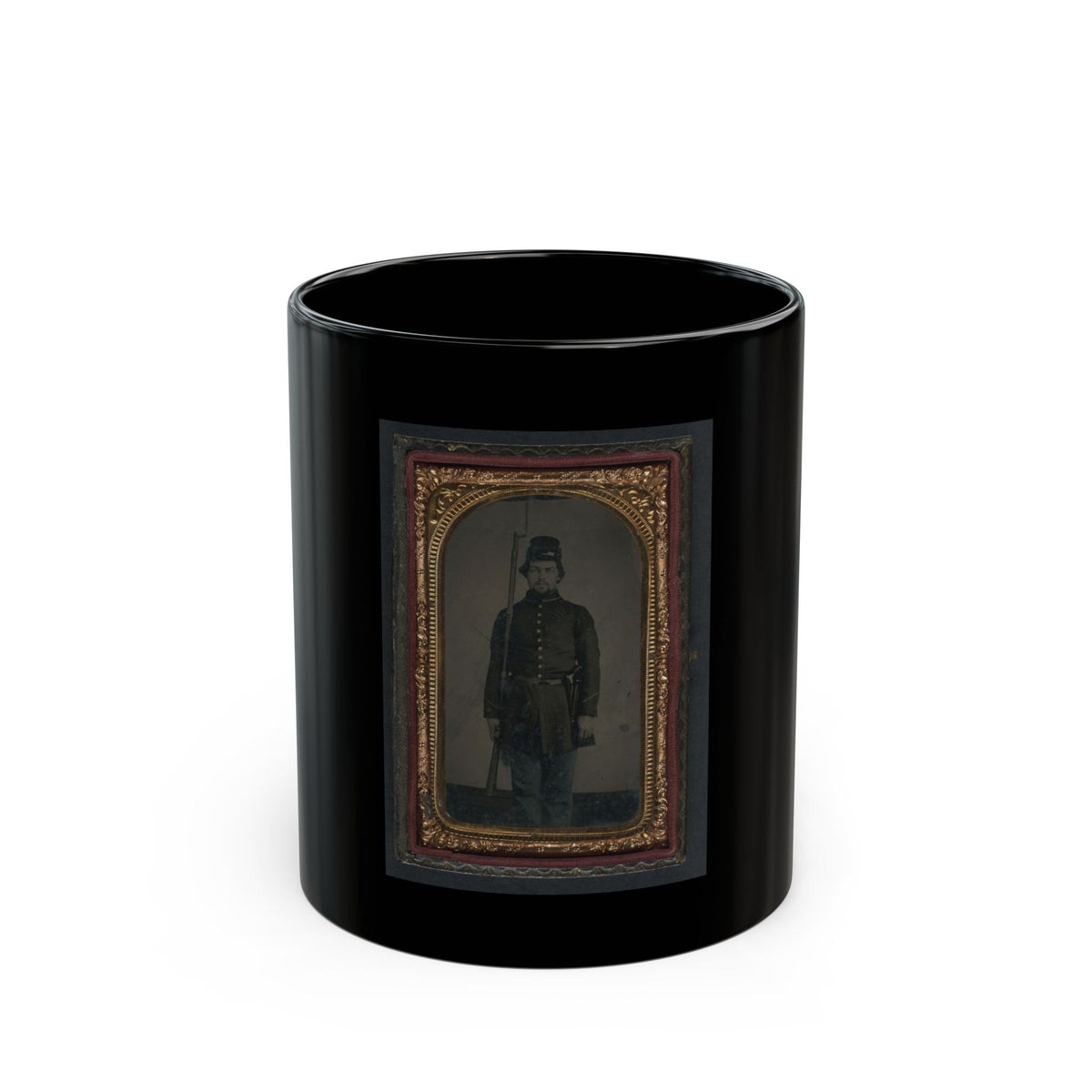 Unidentified Soldier In Union Uniform And Forage Cap With Holstered Revolver And Bayoneted Musket (U.S. Civil War) Black Coffee Mug