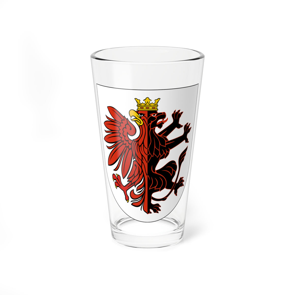 Red crowned eagle and black lion split down the middle on a white heater-shaped heraldic shield.