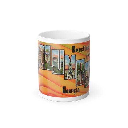 Vintage linen postcard with COLUMBUS lettering filled with city architecture, set on an orange wavy background.