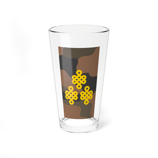 Brown, olive and charcoal camouflage with three gold endless knot motifs scattered across the design.