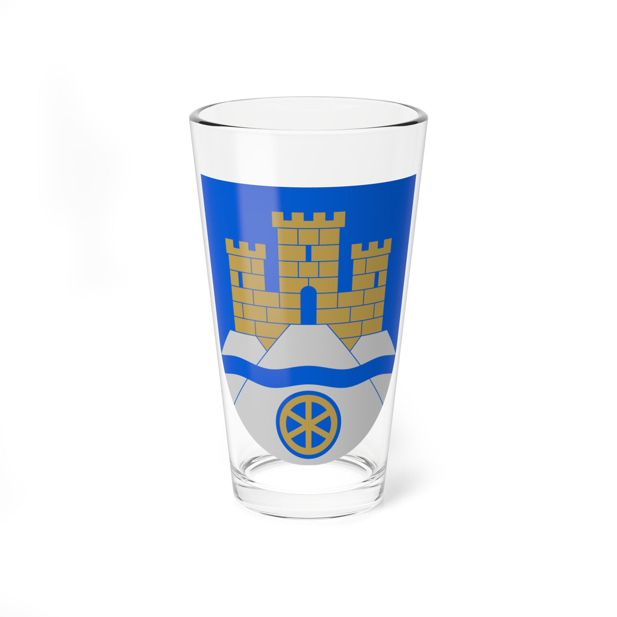 Gold three-towered castle and spoked wheel above a blue wavy band on a silver and blue heraldic shield.